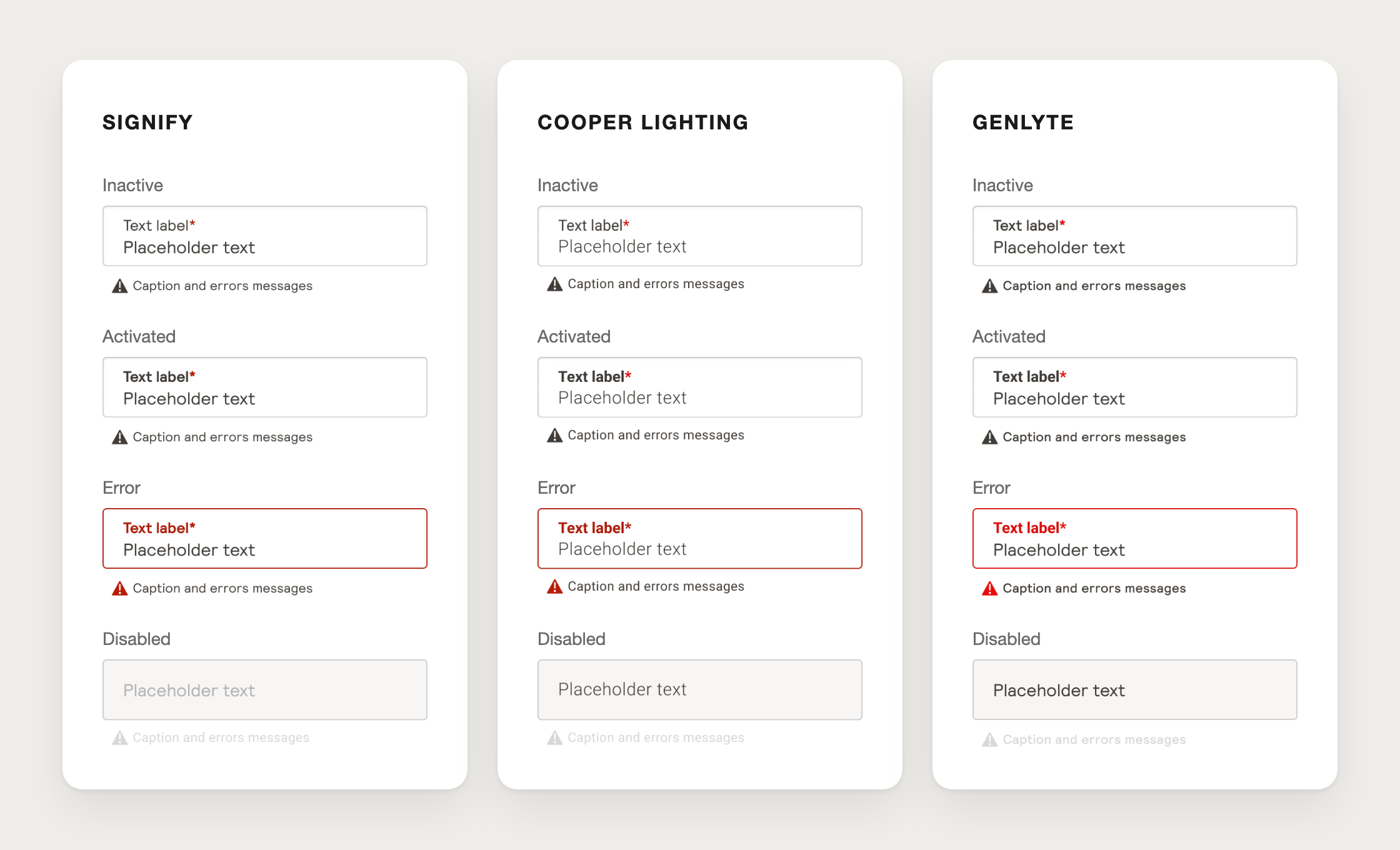 The input with the label inside the field across the 3 brands, Signify, Cooper Lighting and Genlyte, in four states: inactive, activated, error and disabled