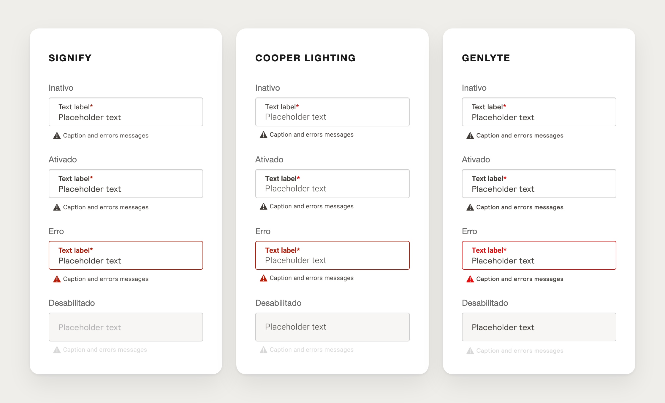 O input com a label dentro do campo nas 3 marcas, Signify, Cooper Lighting e Genlyte, em quatro estados: inativo, ativado, erro e desabilitado