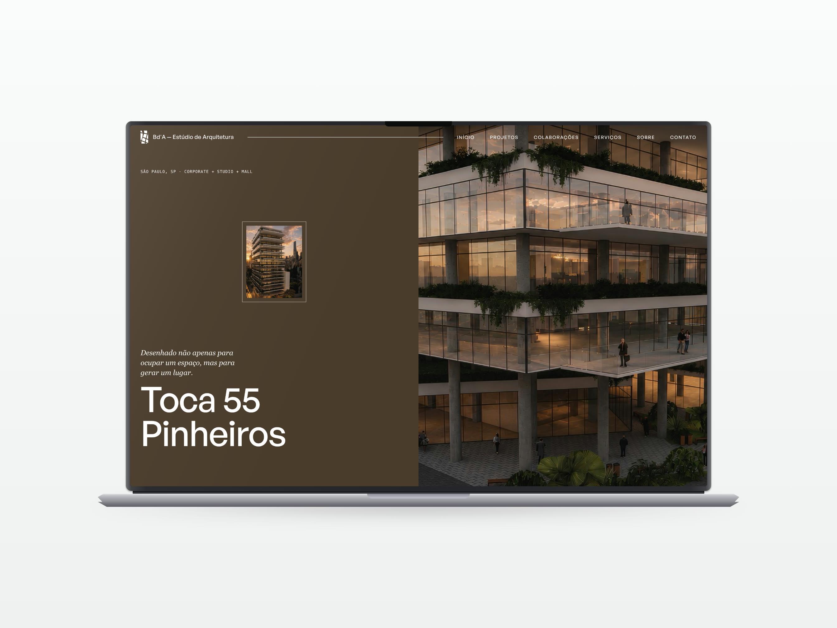 Abertura da página do Toca 55 Pinheiros: painel de cor amostrada do render, nome do empreendimento, miniatura da fachada e a frase de conceito