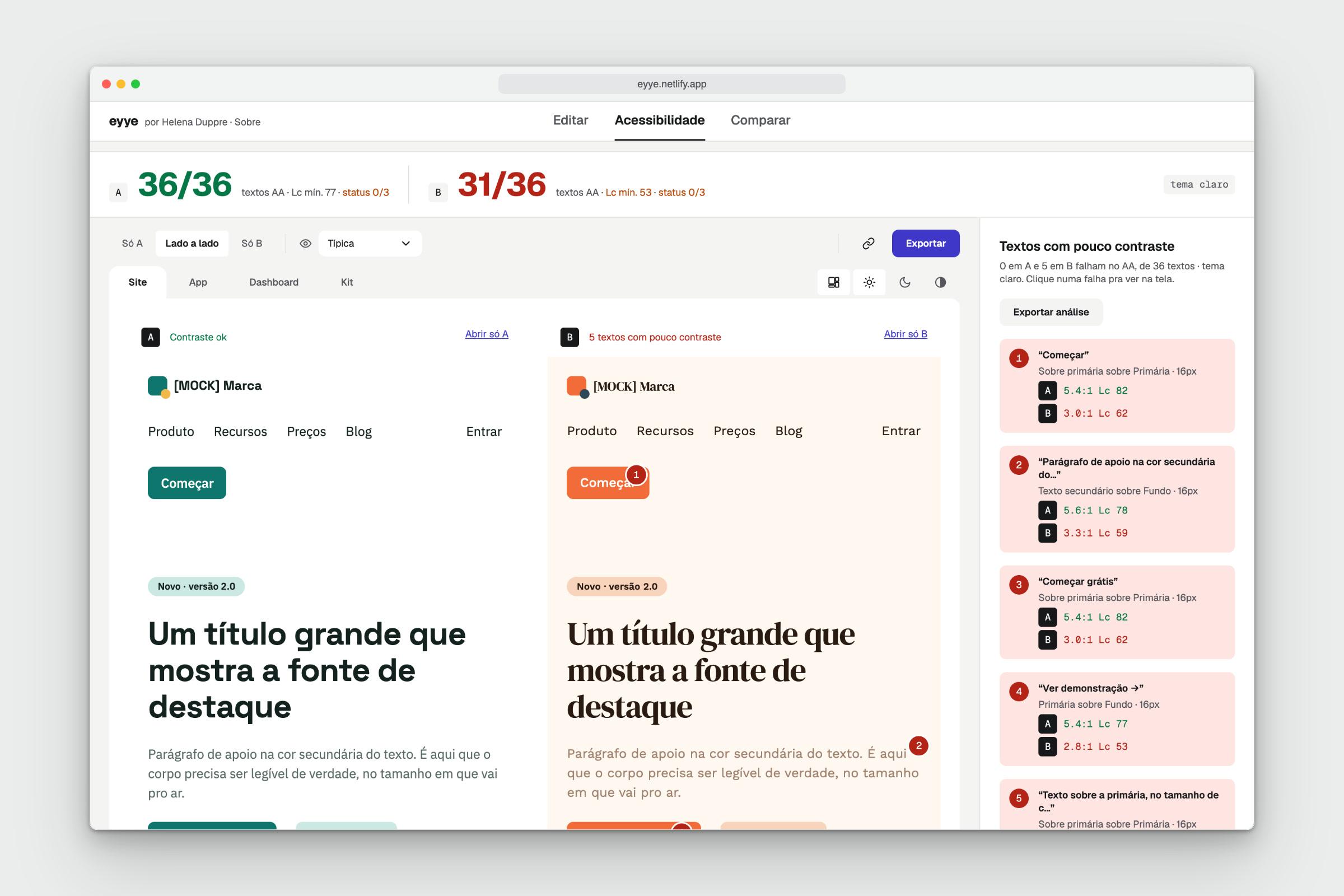 eyye — aba Acessibilidade, com a contagem de textos que passam no contraste e a lista dos que falham