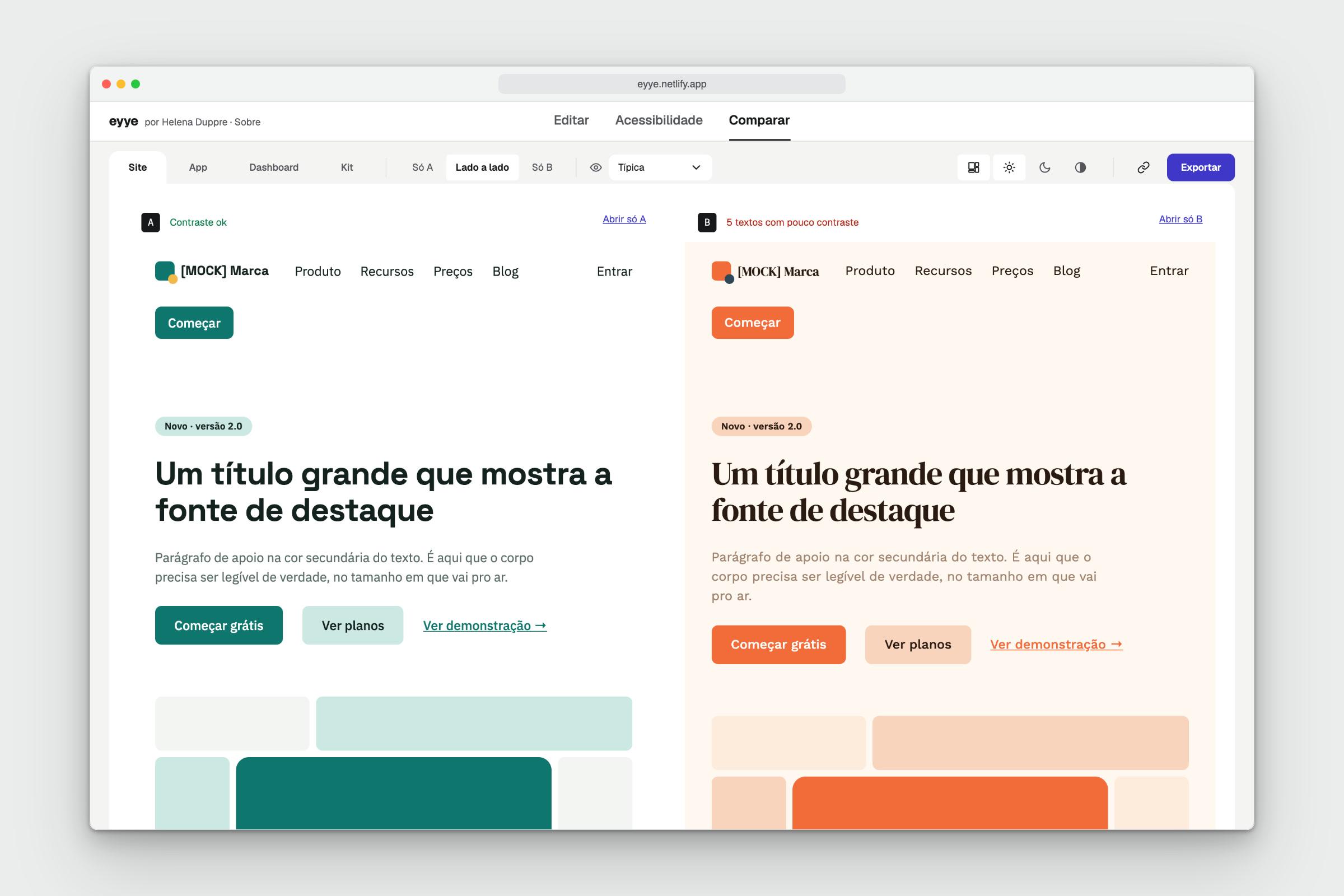 eyye — aba Comparar, as duas versões do site de exemplo lado a lado
