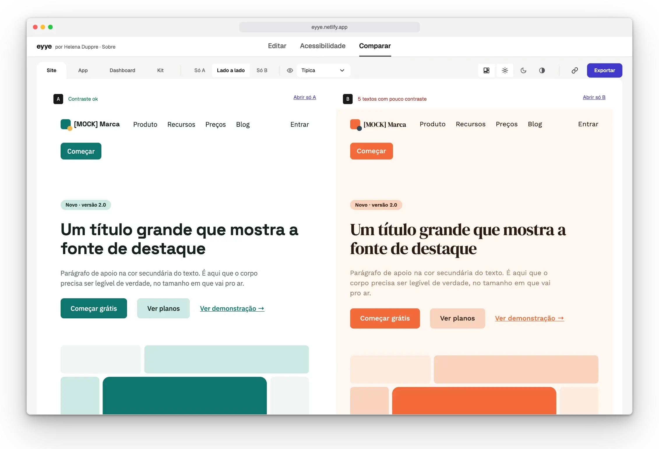eyye — Compare tab, the two versions of the sample site side by side