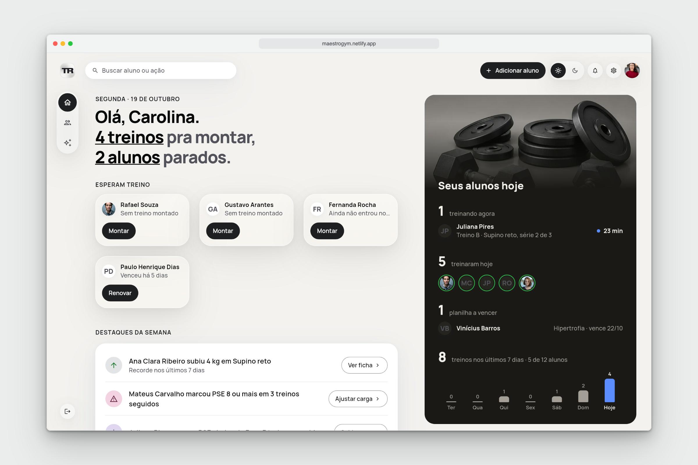 Maestro — coach dashboard on desktop, with workouts to build and today’s students