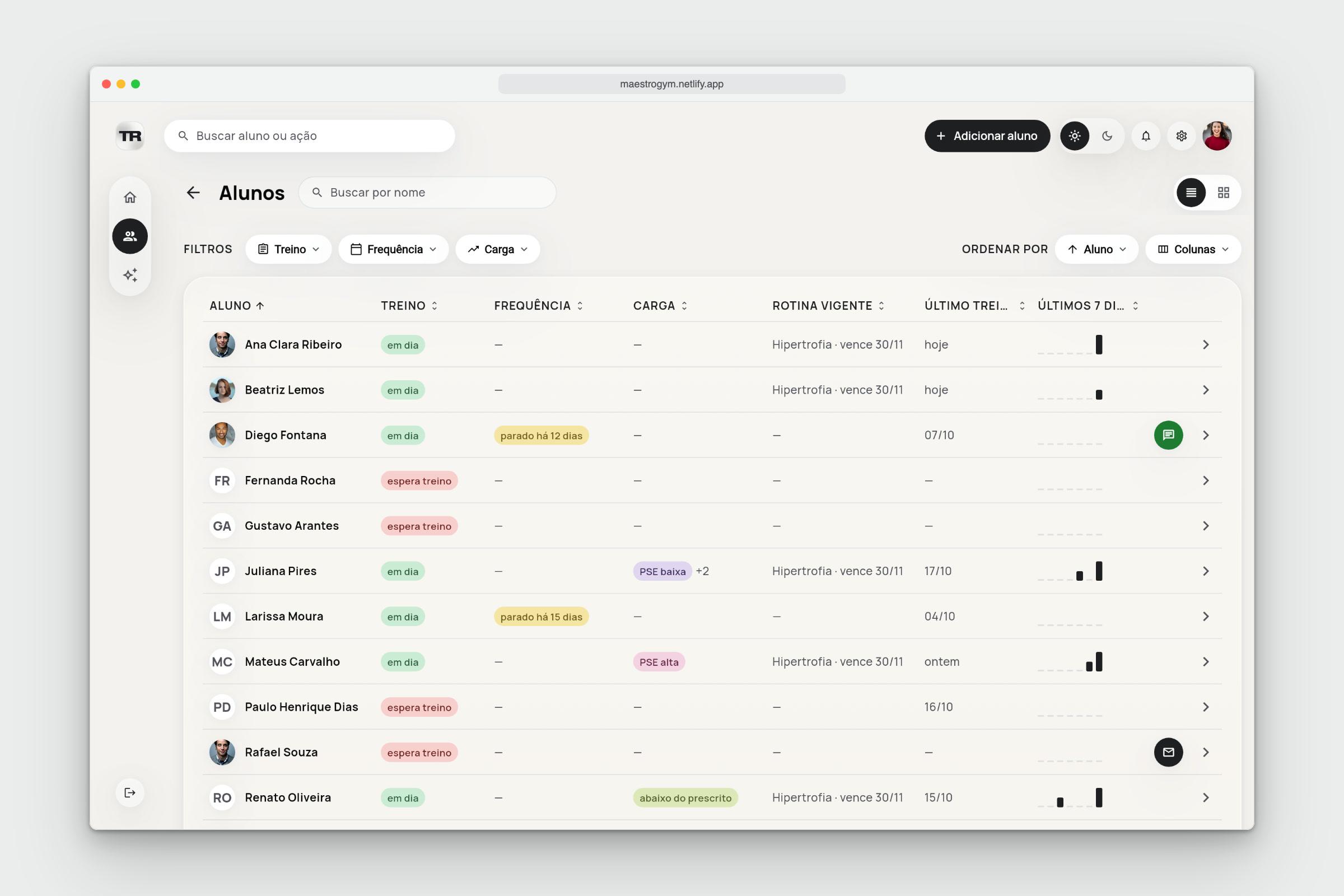 Maestro — coach’s student table on desktop, with filters and attendance