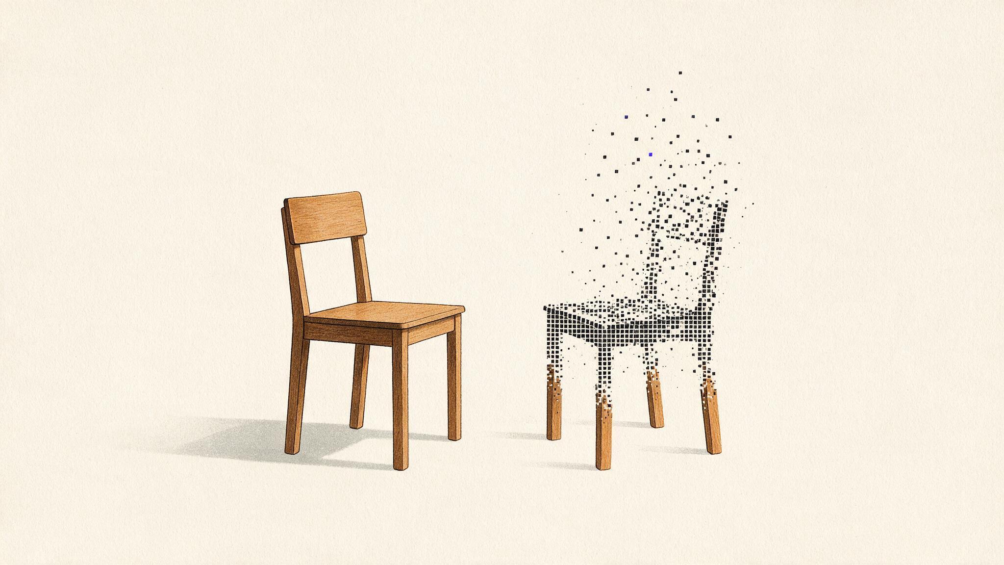 Ilustração conceitual: duas cadeiras de madeira simples, lado a lado numa sala vazia, como numa sala de entrevista. A da esquerda é sólida e projeta sombra no chão. A da direita se desfaz de baixo pra cima numa malha de quadradinhos que se soltam no ar, perdendo a forma de cadeira.