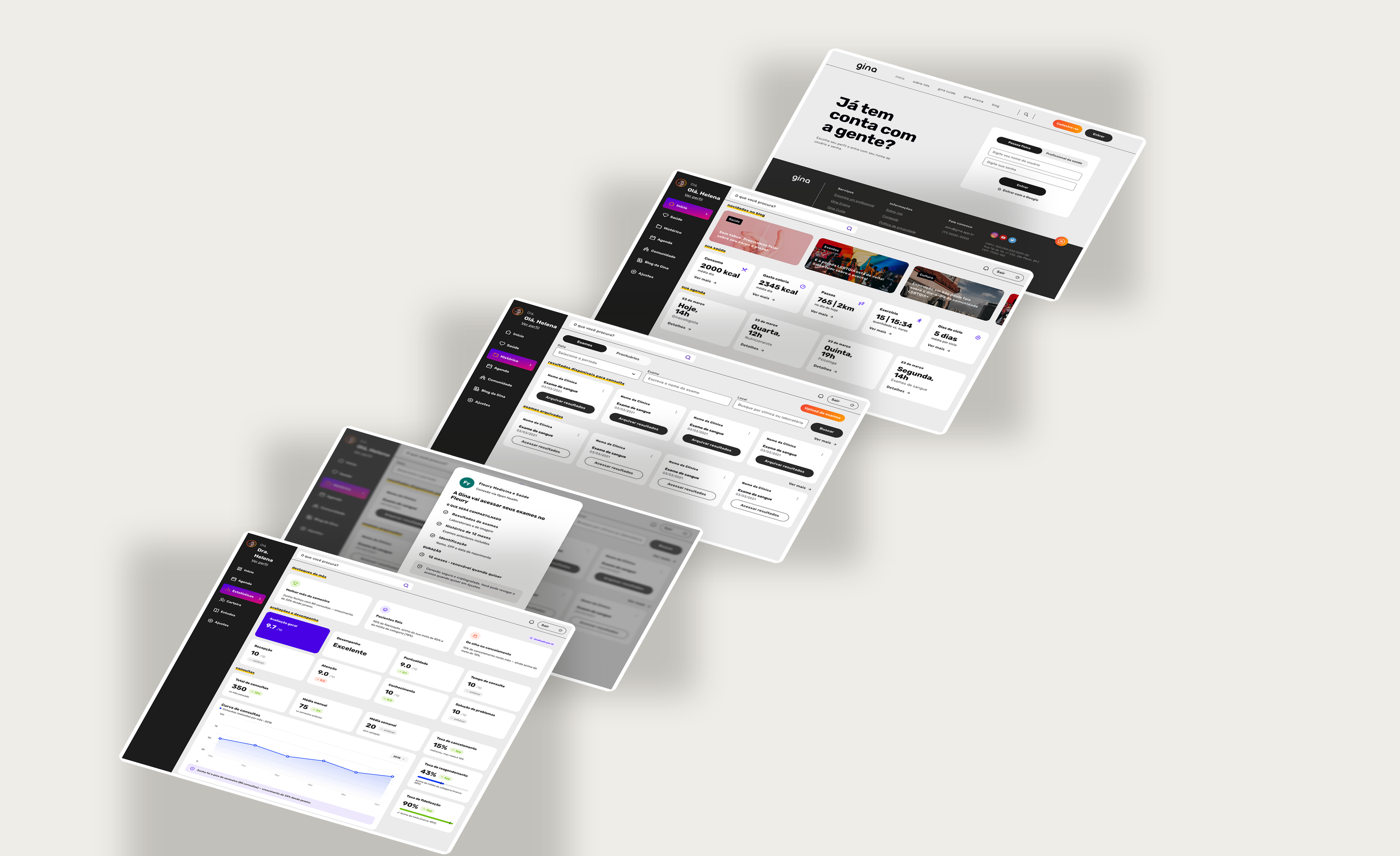 The breadth of Gina's screens in the new identity: login, home, history, Open Health, and the doctor dashboard