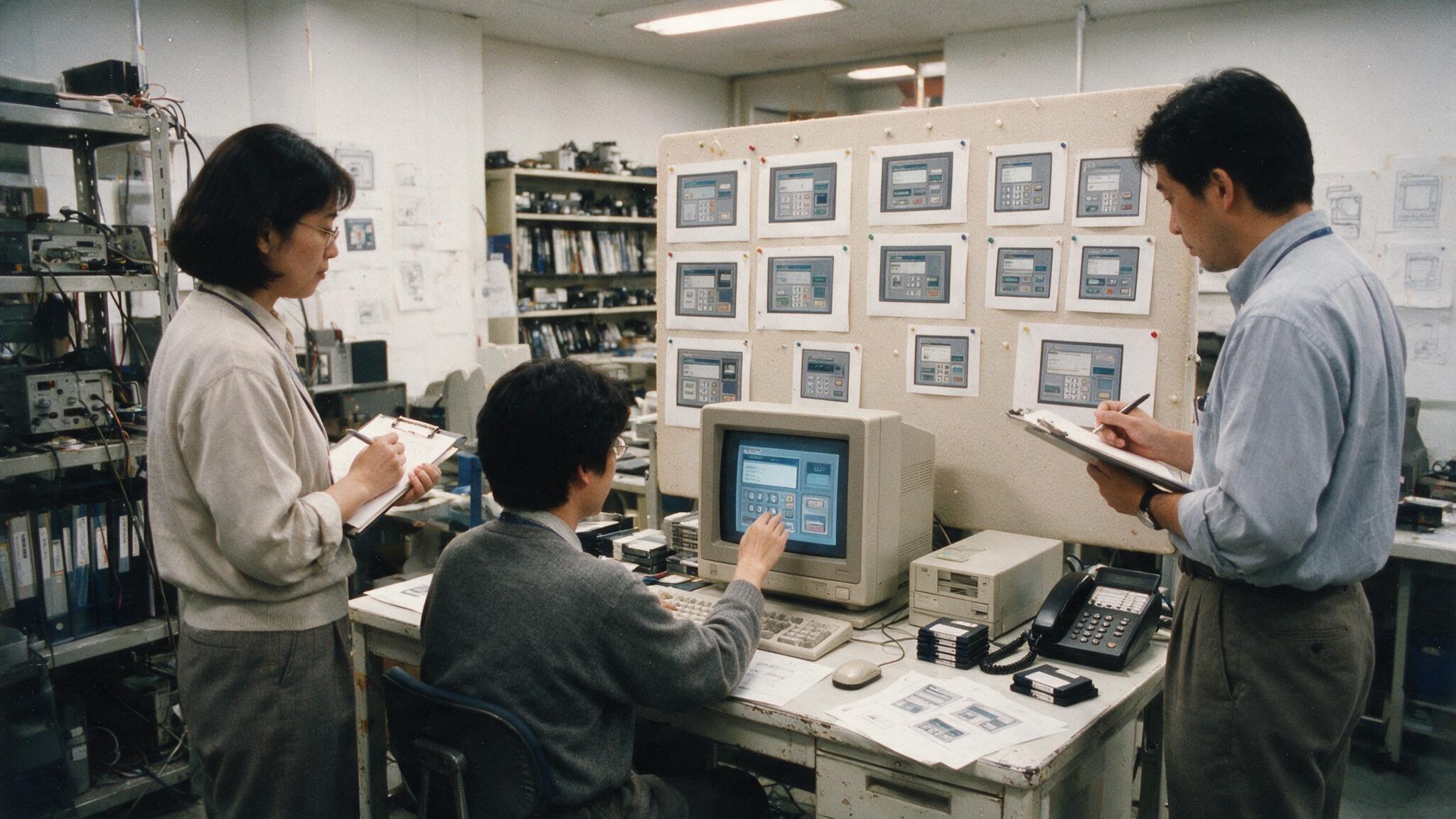 Recriação do estudo de 1995 no Hitachi Design Center: um participante testa telas de caixa eletrônico num monitor enquanto dois pesquisadores observam com pranchetas, com dezenas de variações de tela pregadas no painel atrás